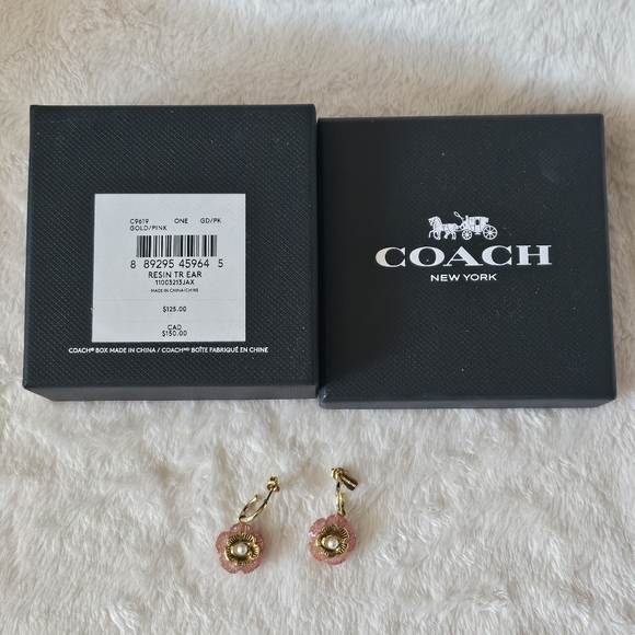 Coach Tea Rose Stud Dangle Earrings Half Hoop Pink Gold Pearl Resin - Picture 2 of 5